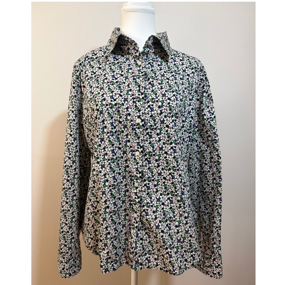 Talbots Women 16 Multicolor Floral Long Sleeve Cotton Blouse Cottagecore Spring